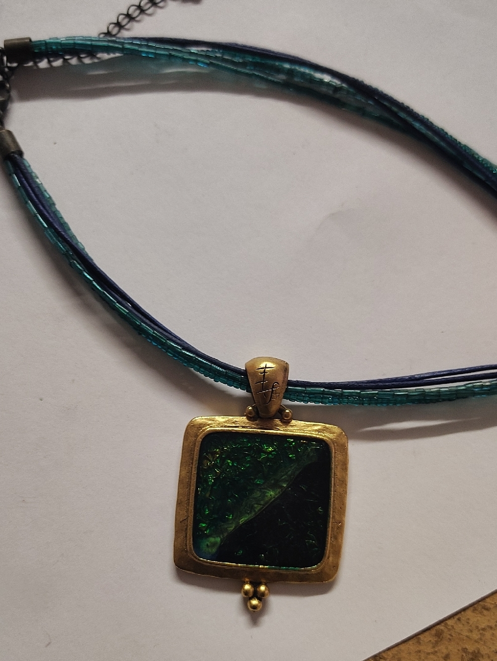 Handmade Gold-Tone Green Glass Pendant Necklace - Teal Cord